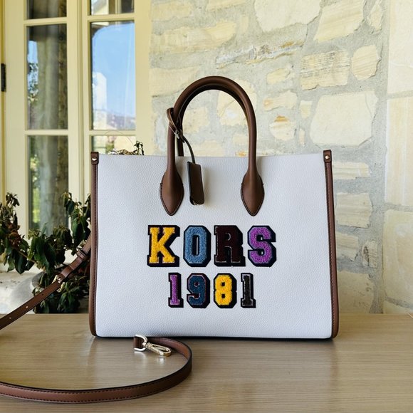 Michael Kors Mirella MD Embellished Tote Bag/ Clutch Wristlet Leather Cream Mult - Picture 2 of 16